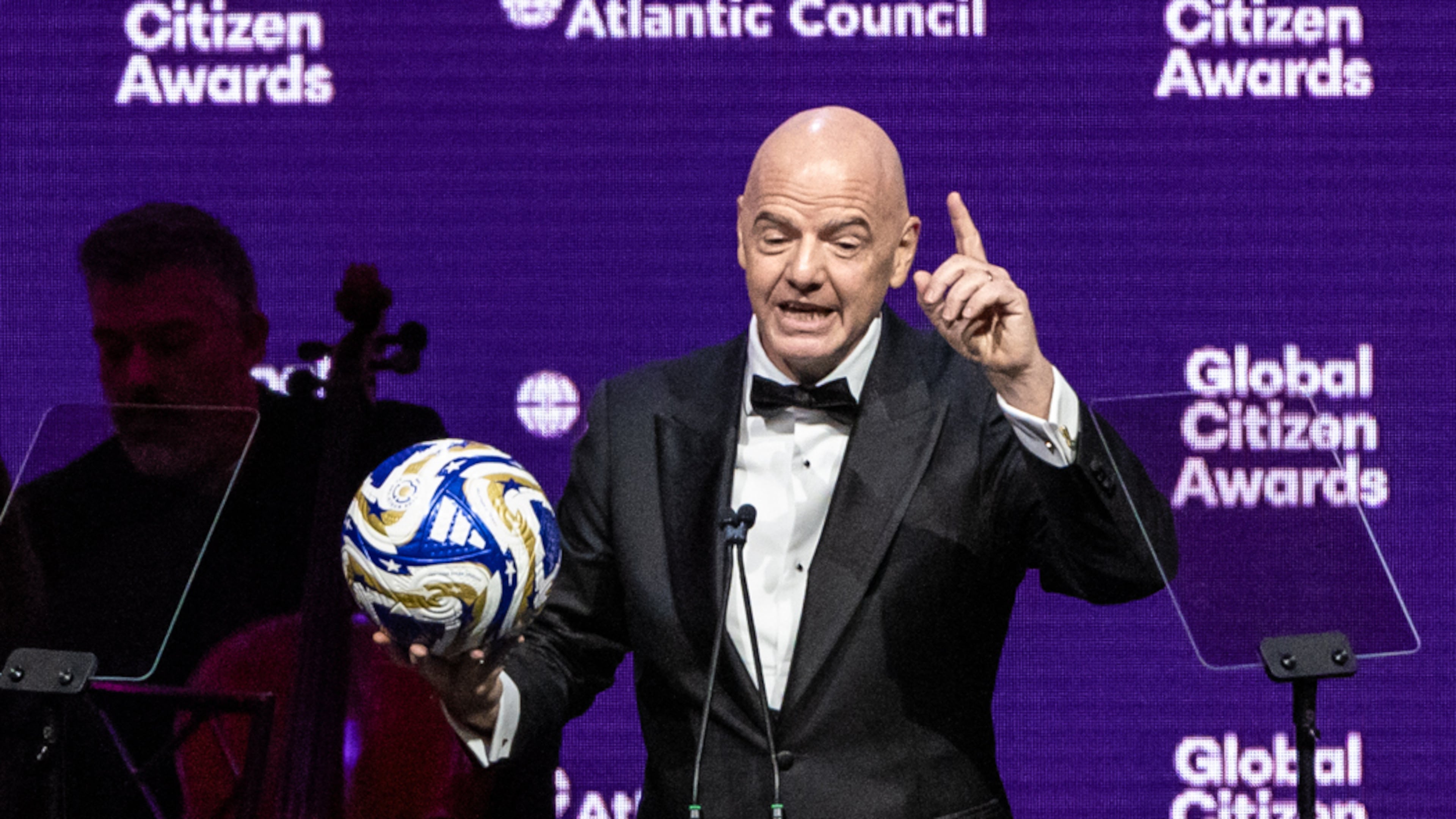 President of the Federation Internationale de Football Association (FIFA) Gianni Infantino speaks at the Global Citizen Awards ceremony, Wednesday, Sept. 24, 2025, in New York. (AP Photo/Stefan Jeremiah)