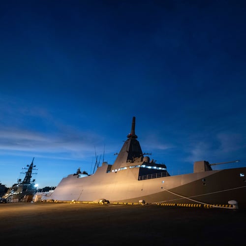 FILE - Japan Maritime Self-Defense Force (JMSDF) Mogami-class stealth frigate JS Mikuma is seen anchored at the JMSDF naval base in Yokosuka, Japan, Friday Sept. 5, 2025. (Yuichi Yamazaki/Pool Photo via AP, File)