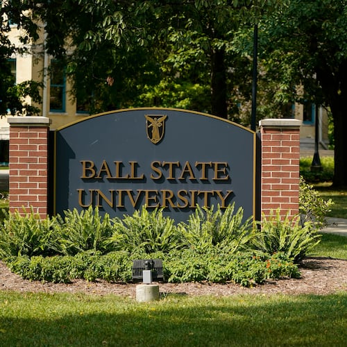 FILE - A student enters Ball State University campus in Muncie, Ind., Sept. 10, 2020. (AP Photo/Michael Conroy, File)