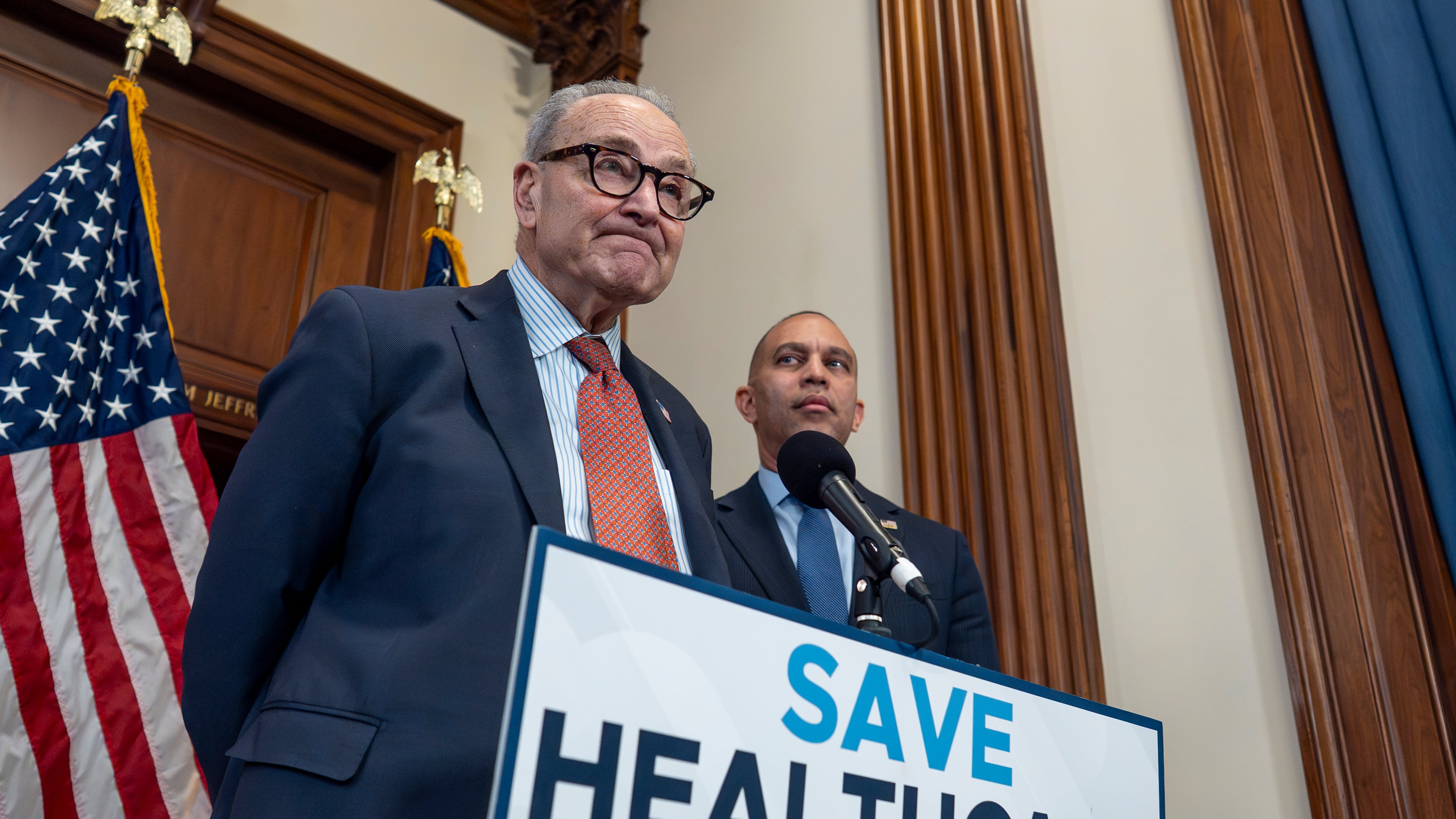 As Congress faces a year-end deadline on Affordable Care Act subsidies, Senate Minority Leader Chuck Schumer, D-N.Y., left, and House Minority Leader Hakeem Jeffries, D-N.Y., meet with reporters about health care affordability, at the Capitol in Washington, Wednesday, Dec. 3, 2025. (AP Photo/J. Scott Applewhite)