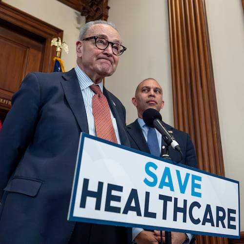 As Congress faces a year-end deadline on Affordable Care Act subsidies, Senate Minority Leader Chuck Schumer, D-N.Y., left, and House Minority Leader Hakeem Jeffries, D-N.Y., meet with reporters about health care affordability, at the Capitol in Washington, Wednesday, Dec. 3, 2025. (AP Photo/J. Scott Applewhite)