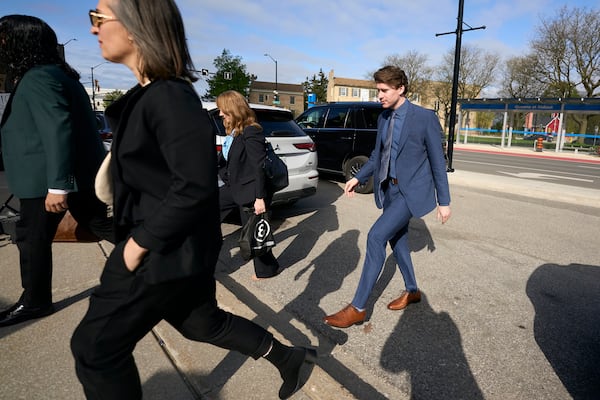 Carter Hart, one of five hockey players charged with sexual assault, arrives at the courthouse in London, Ontario, Thursday, May 8, 2025. (Geoff Robins/The Canadian Press via AP)