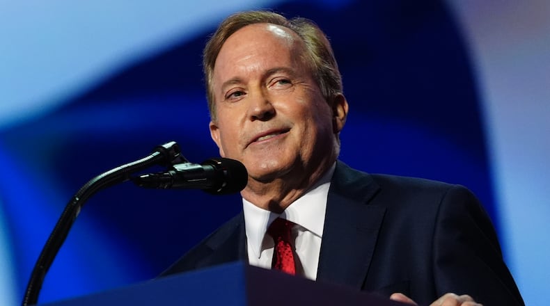 Republican U.S. Senate candidate Texas Attorney General Ken Paxton speaks at the Republican convention Wednesday, Sept. 9, 2026, in Dallas. (AP Photo/Julia Demaree Nikhinson)