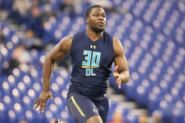  Michigan State defensive end Malik Mcdowell is seen before a drill at the 2017 NFL football scouting combine Sunday, March 5, 2017, in Indianapolis. (AP Photo/Gregory Payan)