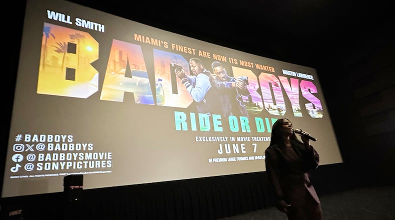 At a screening for "Bad Boys Ride or Die" at IPIC at Colony Square in Atlanta on Tuesday, June 3, Tasha Smith introduces the movie. RODNEY HO/rho@ajc.com