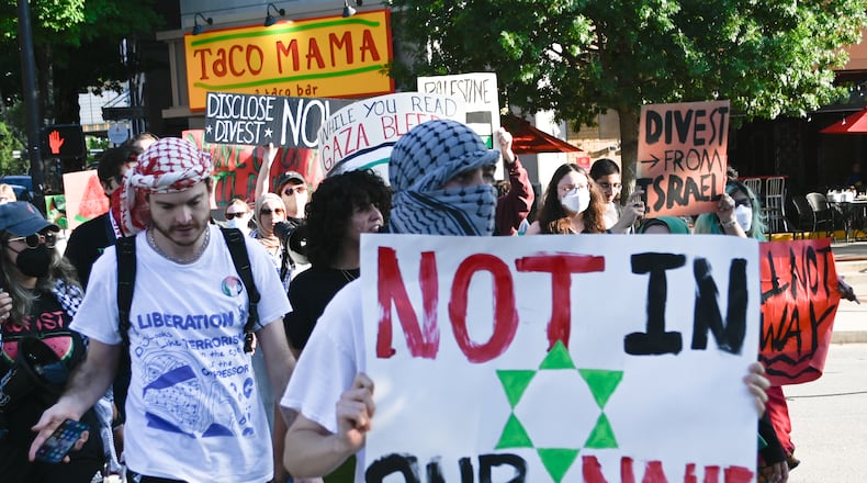 Protesters march through downtown Athens, Georgia on their way to City Hall during a pro-Palestinian demonstration on Aug. 22, 2024. (Photo Courtesy of Merrielle Gatlin/The Red & Black)