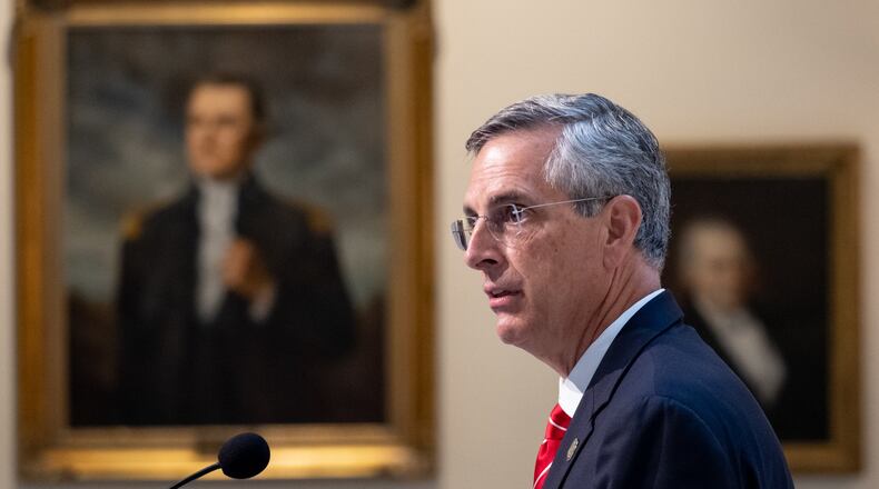 Georgia Secretary of State Brad Raffensperger holds a press conference Thursday morning at the state Capitol to talk about the state’s primary on June 9. Ben Gray for the Atlanta Journal Constitution