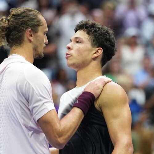Alexander Zverev, of Germany, left, greets Ben Shelton, of the United States, after Zverev won the men's singles final of the U.S. Open tennis championships Sunday, Sept. 13, 2026, in New York. (AP Photo/Kirsty Wigglesworth)