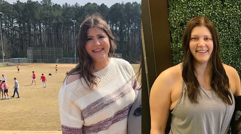 In the photo on the left, taken in March, Ashley Calhoun weighed 236 pounds. In the photo on the right, taken this month, she weighed 190 pounds. (Photos contributed by Ashley Calhoun)
