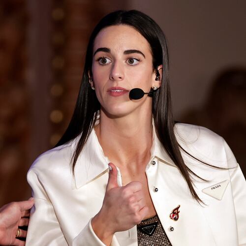 FILE - Indiana Fever's Caitlin Clark reacts during an interview during the WNBA basketball draft, April 15, 2024, in New York. (AP Photo/Adam Hunger, File)