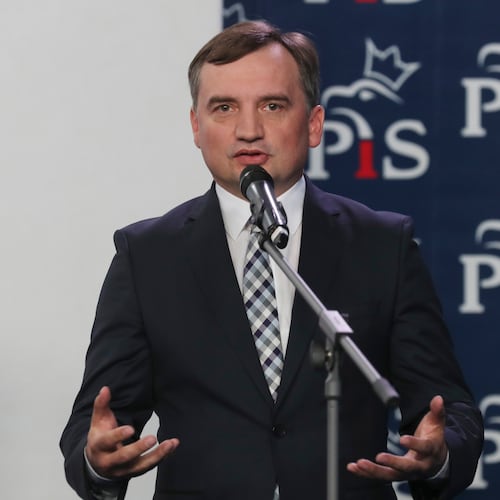 FILE - Former Justice Minister Zbigniew Ziobro speaks to reporters alongside in Warsaw, Poland, Sept. 26, 2020. (AP Photo/Czarek Sokolowski, file)