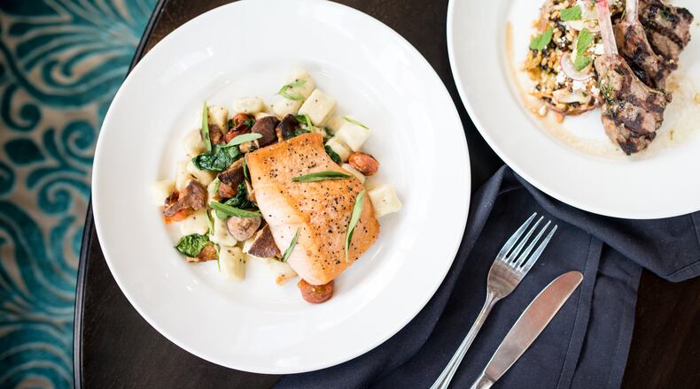 Potato dumplings with salmon and barley salad with lamb. Photo credit- Mia Yakel. Styling credit- Bryan McAlister