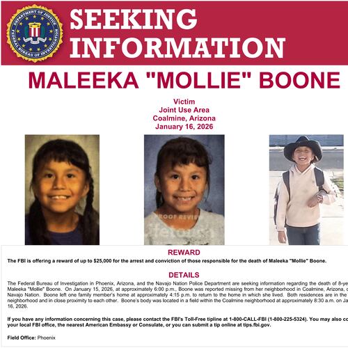 This image shows part of a "Seeking Information" notice released by the Federal Bureau of Investigation regarding Maleeka “Mollie” Boone, an 8-year-old girl whose body was found on tribal lands in northern Arizona last month after she was reported missing was likely struck by a passing vehicle. (FBI via AP)