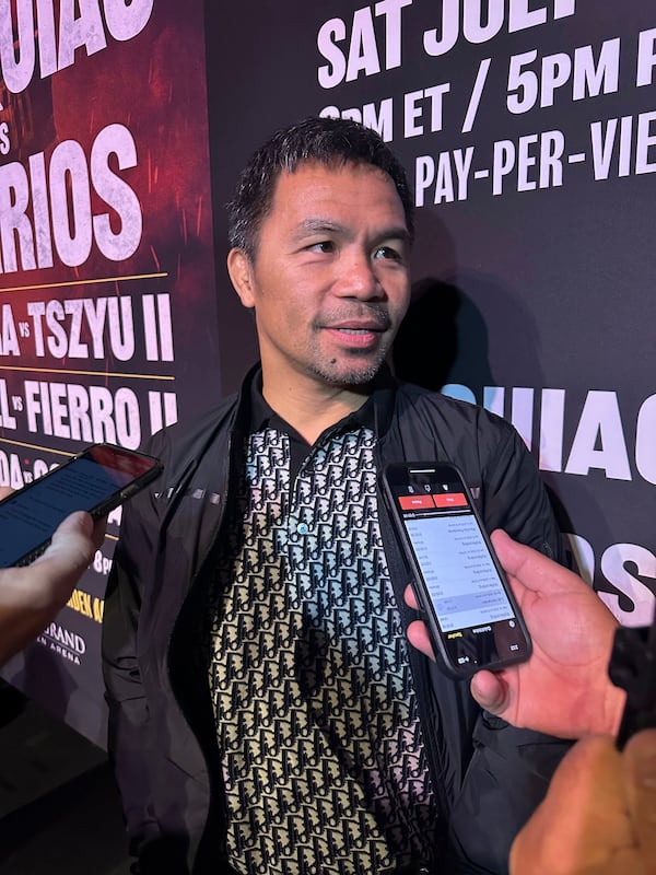 Manny Pacquiao speaks about his boxing comeback at a news conference in Los Angeles on Tuesday, June 3, 2025. (AP Photo/Greg Beacham)