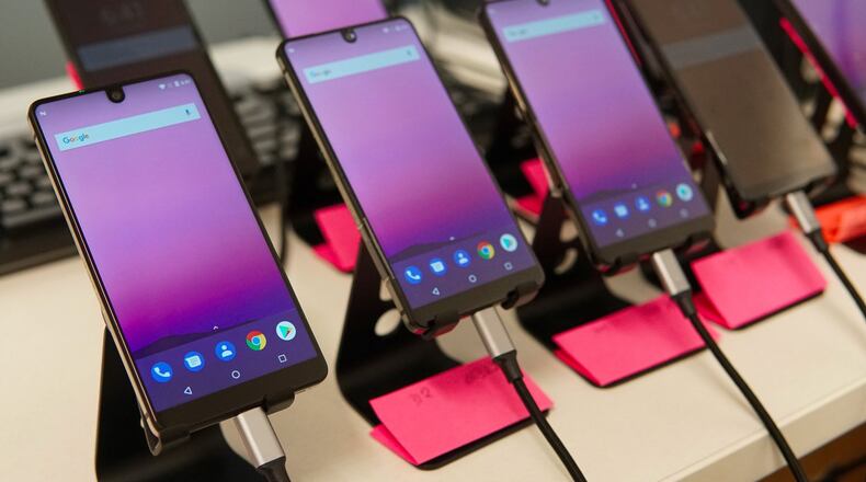 Essential Phones are lined up in display. Essential, a smartphone company founded by Android creator Andy Rubin, will be shipping its pre-ordered phones next week. (Essential)