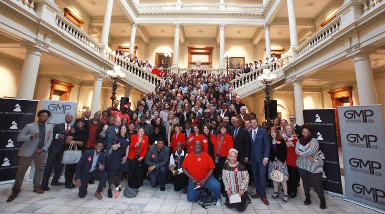 Music supporters, including members of Georgia Music Partners and The Recording Academy, gathered at the State Capitol earlier this month as part of Georgia Music Day, which launched the initiative to pass HB155, the Georgia Music Investment Act. Photo credit: @F22Studio
