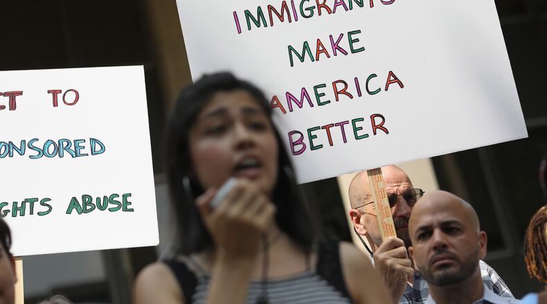 Undocumented immigrant Larissa Martinez, 21, from Mexico City speaks at a protest rally against the separation of immigrant families in front of a U.S. federal court on July 11, 2018 in Bridgeport, Connecticut.  (Photo by John Moore/Getty Images)