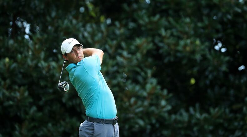 Rory McIlroy of plays his shot from the 17th tee during the second round of the Tour Championship at East Lake Golf Club on August 23, 2019 in Atlanta, Georgia. (Photo by Streeter Lecka/Getty Images)