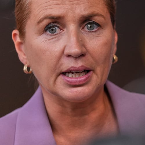FILE - Denmark's Prime Minister Mette Frederiksen talks to journalists as she arrives for the EU summit in Brussels, Thursday, June 18, 2026. (AP Photo/Marius Burgelman, File)
