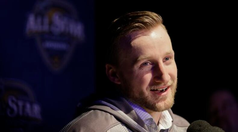Tampa Bay Lightning's Steven Stamkos talks with reporters during NHL hockey All-Star game media day Friday, Jan. 29, 2016, in Nashville, Tenn. The game is scheduled to be played Sunday, Jan. 31. (AP Photo/Mark Humphrey)
