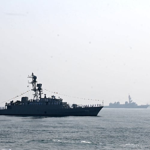 Iranian warship IRIS Dena is seen in the Bay of Bengal during International Fleet Review held at Visakhapatnam, India, Feb. 18, 2026. (AP Photo)