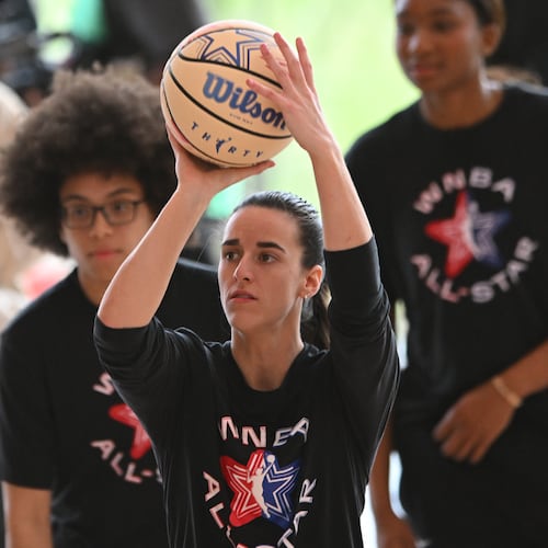 WNBA All Star Caitlin Clark shoots during practice at the Obama Presidential Center in Chicago, Friday, July 24, 2026. (AP Photo/Paul Beaty)
