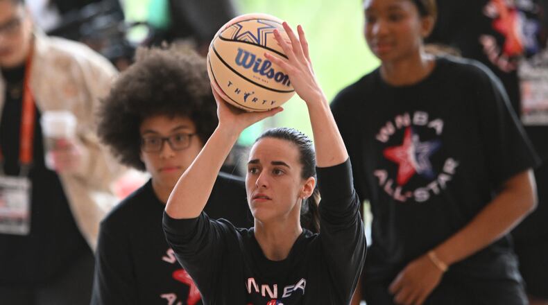 WNBA All Star Caitlin Clark shoots during practice at the Obama Presidential Center in Chicago, Friday, July 24, 2026. (AP Photo/Paul Beaty)