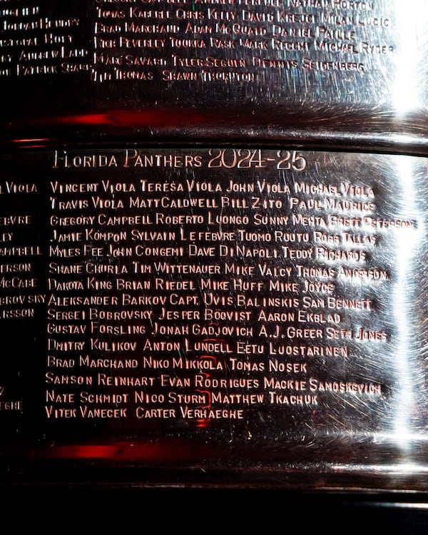 A closeup of the engraving of the names of the Florida Panthers NHL champions for the 2024-25 season on the actual Stanley Cup.  As an off-ice member of the organization, Mike Huff was included at the behest of players. (Courtesy of Mike Huff)