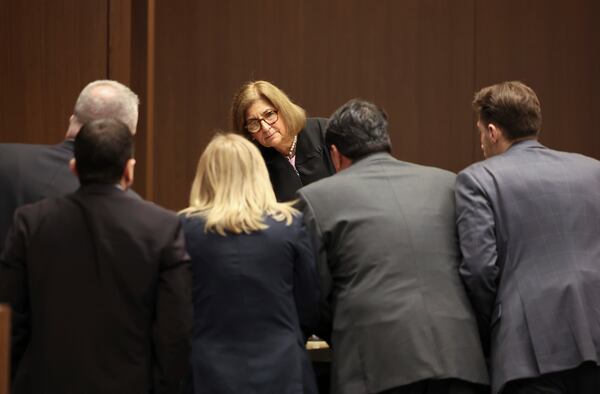 Judge Victoria Rossetti speaks with attorneys during the sentencing hearing of Robert Crimo III at the Lake County Courthouse, in Waukegan, Ill., on Thursday, April 24, 2025. (Stacey Wescott/Chicago Tribune via AP, Pool)