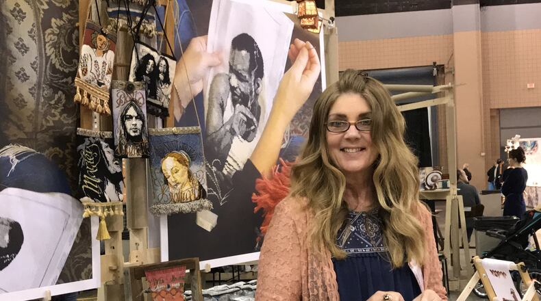 Artist Leanna Leithauser-Lesley’s needlepoints portraits of jazz, rock and blues artists. She has an exhibit at Theatrical Outfit. Credit: Shelia Poole