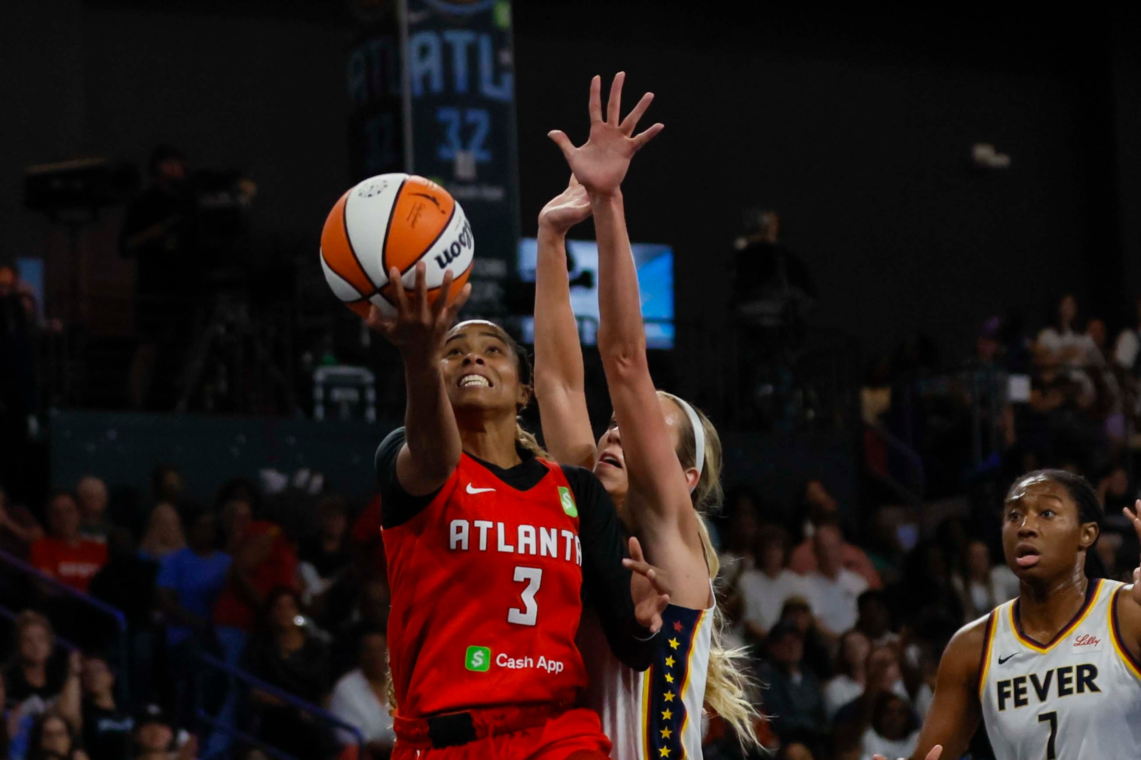 Atlanta Dream guard Jordin Canada (3) goes up for a basket during the first half of a WNBA basketball first-round playoff game against the Indiana Fever at Gateway Center Arena on Thursday, Sept. 18, 2024, in Atlanta. (Miguel Martinez/ AJC)