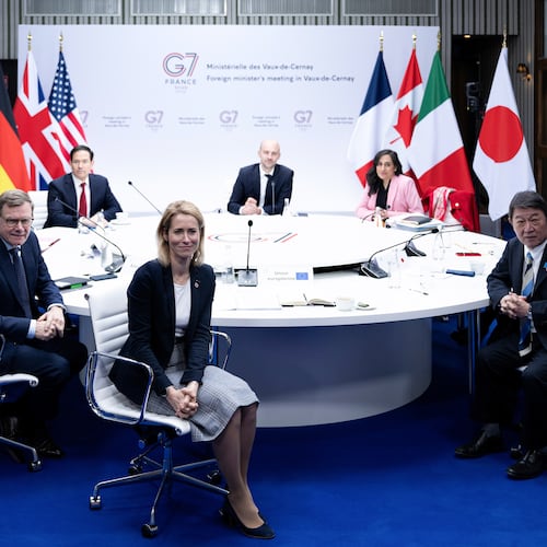 EU High Representative and Vice-President for Foreign Affairs and Security Policy Kaja Kallas, center, Germany's Foreign Minister Johann Wadephul, from left, Britain's Foreign Secretary Yvette Cooper, US Secretary of State Marco Rubio, France's Minister for Europe and Foreign Affairs Jean-Noel Barrot, Canada's Foreign Minister Anita Anand, and Japan's Foreign minister Toshimitsu Motegi attend talks on Peace and Security during a G7 Foreign Ministers' meeting with Partner Countries at the Vaux-de-Cernay Abbey in Cernay-la-Ville outside Paris, Friday, March 27, 2026. (Brendan Smialowski/Pool Photo via AP)