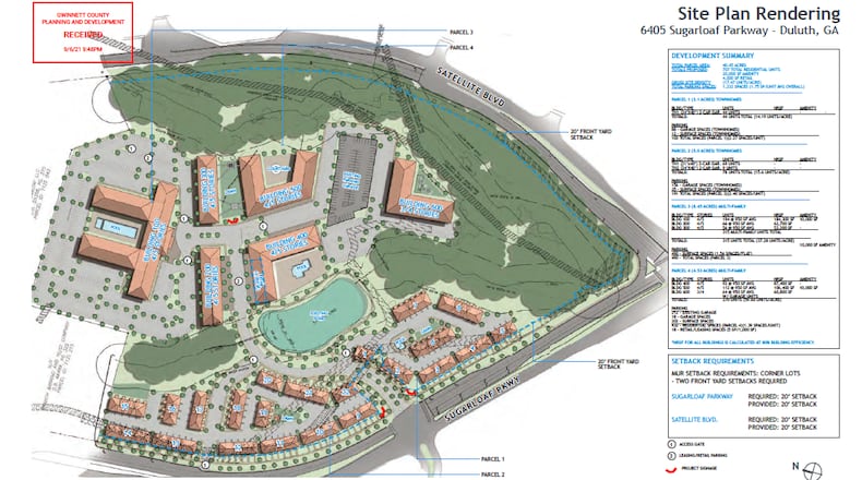 JLB Partners and Toll Brothers hope to construct more than 700 apartments and townhouses at the corner of Sugarloaf Parkway and Satellite Boulevard. (Courtesy of Gwinnett County)