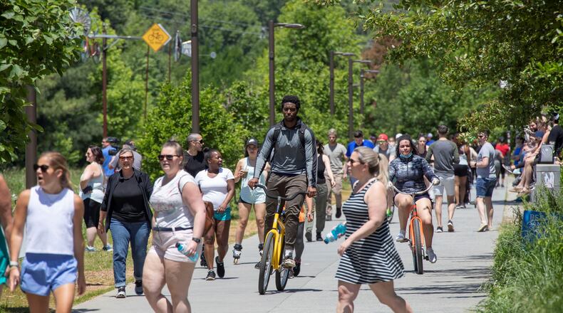 The Atlanta Beltline was fairly crowded prior to the flyover Saturday. Bob Andres / bandres@ajc.com