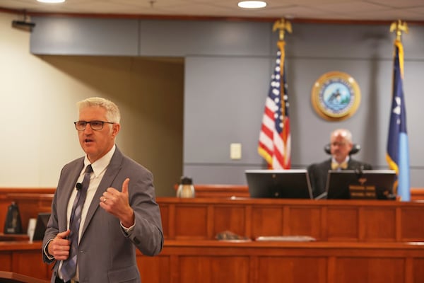 Becker County Attorney Brian McDonald makes his closing arguments during the fifth day of the felony burglary trial of Minn. state Sen. Nicole Mitchell, D-Woodbury, on Friday, July 18, 2025, at Becker County District Court in Detroit Lakes, Minn. (Anna Paige/The Forum via AP, Pool)