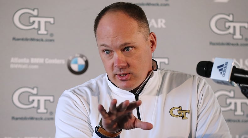 Georgia Tech football coach Geoff Collins briefs the sporting media Thursday.