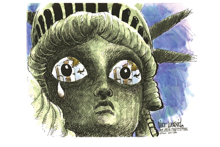 Sept. 12, 2001: The Statue of Liberty weeps. Cartoon by Mike Luckovich the day after the 9/11 attacks.