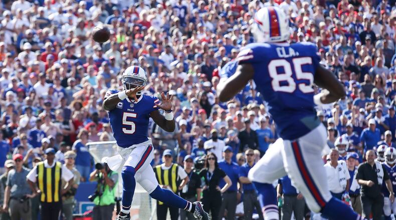 Tyrod Taylor of the Bills throws the ball to Charles Clay #85 during last Sunday against the Broncos at New Era Field in Orchard Park, New York.
