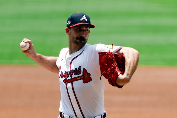 Atlanta Braves pitcher Spencer Strider throws during the first inning of a baseball game against the Philadelphia Phillies, Sunday, June 29, 2025, in Atlanta. (AP Photo/Butch Dill)