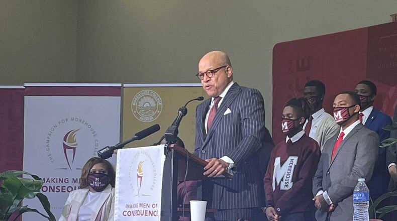 Morehouse College President David A. Thomas speaks on Thursday, Feb. 17, 2022, at the school's announcement of a $500 million fundraising campaign. (Eric Stirgus/Eric.Stirgus@ajc.com)