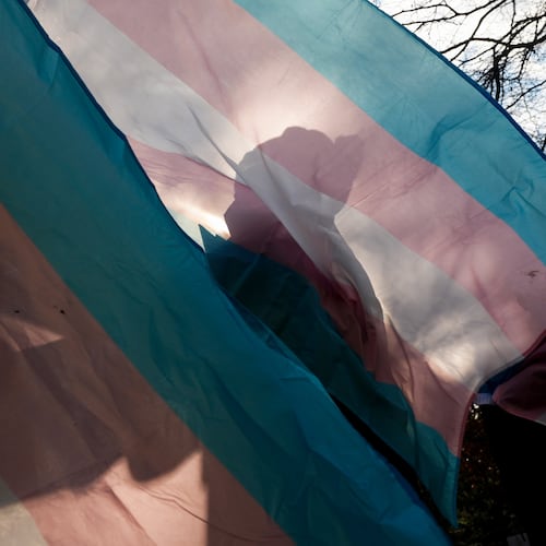 FILE - A protester is silhouetted against a trans pride flag during a pro-transgender rights protest outside of Seattle Children's Hospital, Feb. 9, 2025, in Seattle. (AP Photo/Lindsey Wasson, File)