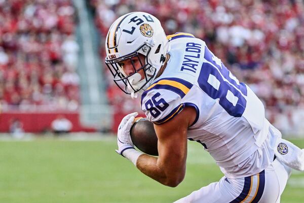 FILE - LSU tight end Mason Taylor (86) against Arkansas during an NCAA college football game Saturday, Oct. 19, 2024, in Fayetteville, Ark. (AP Photo/Michael Woods)