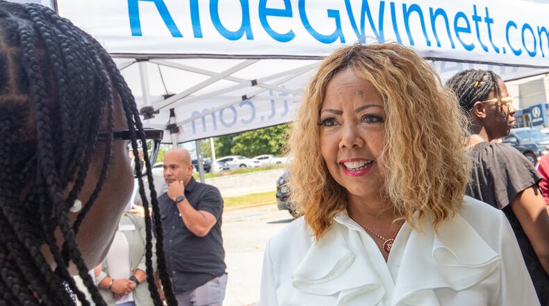 Congresswoman Lucy McBath arrives at the Gwinnett County celebration of a $20 million grant awarded to transform the transit center just west of Gwinnett Place Mall on Monday, July 24, 2023.  (Jenni Girtman for The Atlanta Journal-Constitution)