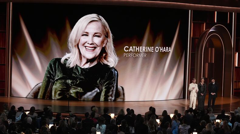 Macaulay Culkin, from left, Annie Murphy, and Dan Levy pay tribute to Catherine O'Hara during the 78th Emmy Awards on Monday, Sept. 14, 2026, at the Peacock Theater in Los Angeles. (AP Photo/Chris Pizzello)