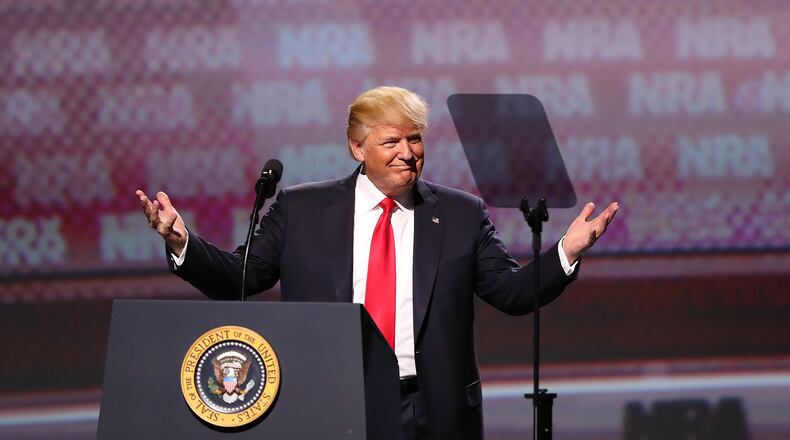 President Donald J. Trump delivers the keynote at the NRA-ILA Leadership Forum on Friday in Atlanta. Curtis Compton, ccompton@ajc.com