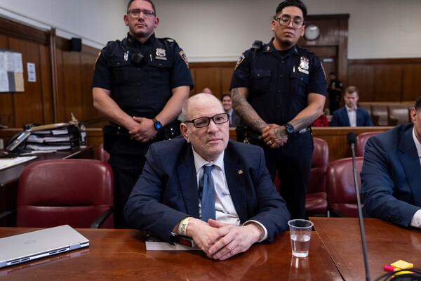 Harvey Weinstein appears in Manhattan Criminal Court for the third day of jury selection in his retrial, Thursday, April 17, 2025 in New York. (AP Photo/Adam Gray, Pool)