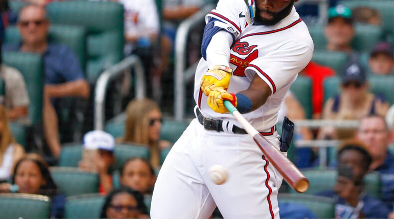 Atlanta Braves' Michael Harris II records his first major-league hit in the sixth inning. (AP Photo/Bob Andres)