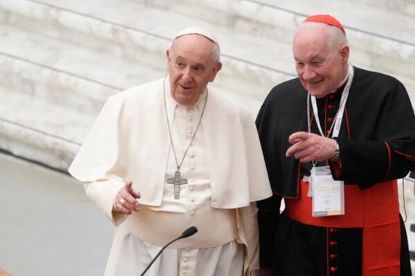 FILE - Pope Francis, left, and Canadian Cardinal Marc Ouellet arrive at the opening of a 3-day Symposium on Vocations in the Paul VI hall at the Vatican, Thursday, Feb. 17, 2022. (AP Photo/Gregorio Borgia, File)