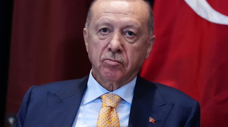 Turkey's President Recep Tayyip Erdogan listens during a meeting with President Donald Trump at a multilateral meeting with the Gulf Cooperation Council during the United Nations General Assembly, Tuesday, Sept. 22, 2026, at the UN headquarters. (AP Photo/Julia Demaree Nikhinson)