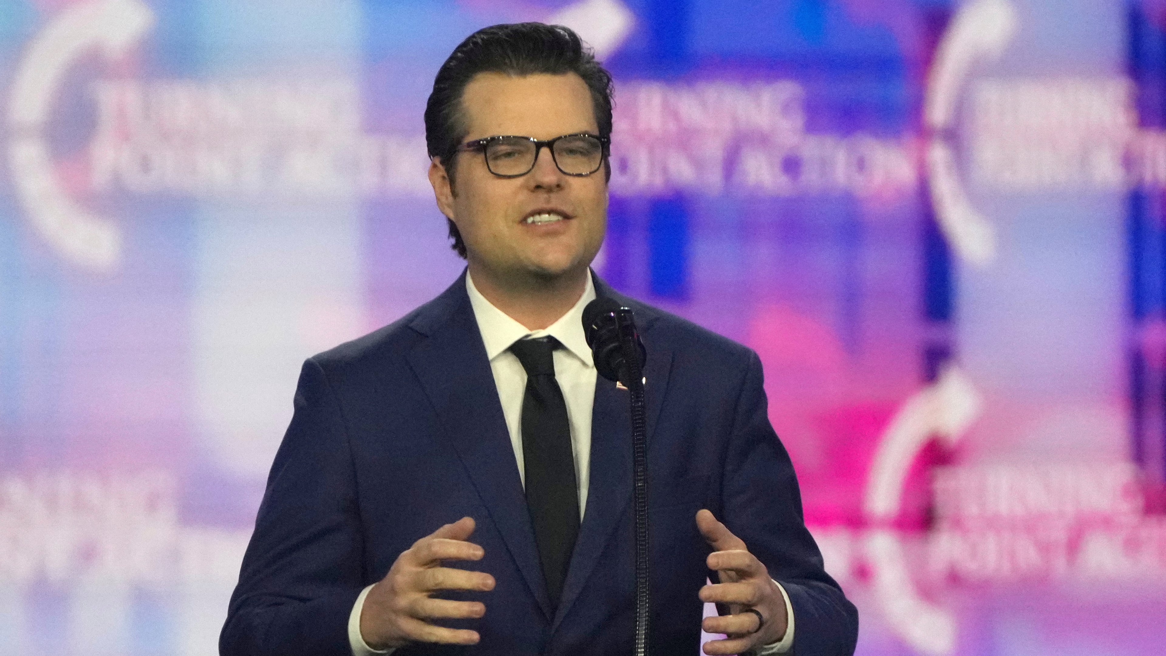 FILE - Former Rep. Matt Gaetz, R- Fla. speaks at AmericaFest, Dec. 22, 2024, in Phoenix. (AP Photo/Rick Scuteri, File)